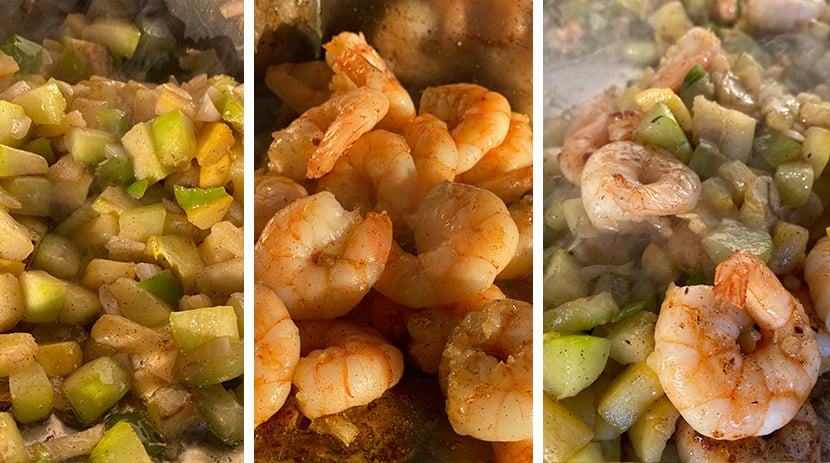 Mélanger sur la plancha les légumes et les crevettes et faire cuire à feu vif pendant 2 minutes